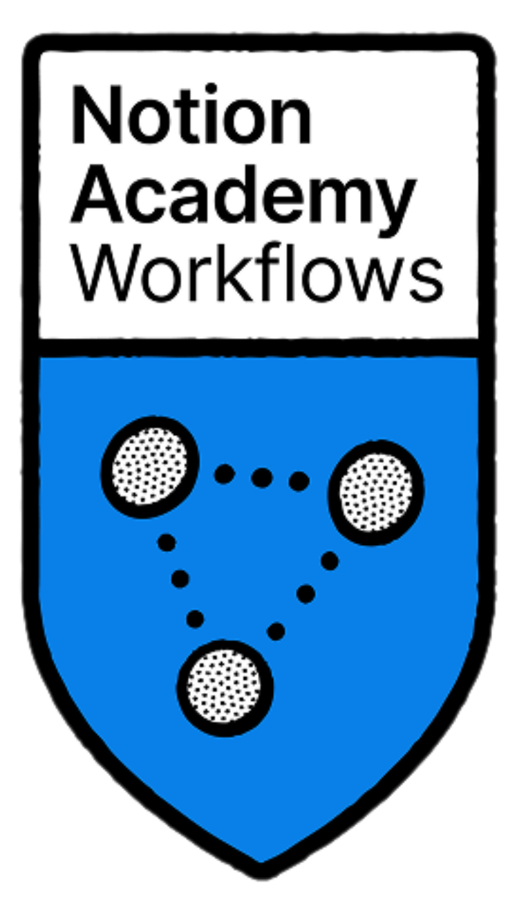 Logo for Notion Academy Workflows with a blue shield and white text on a white background