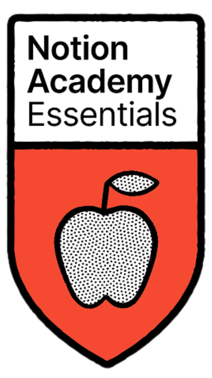 Logo for Notion Academy Essentials with a red shield and white apple icon on a white background