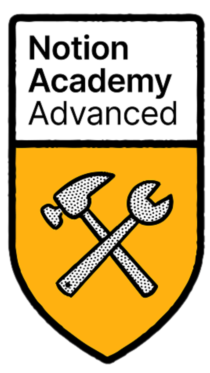 Notion Academy Advanced logo with a yellow shield and crossed tools on a white background