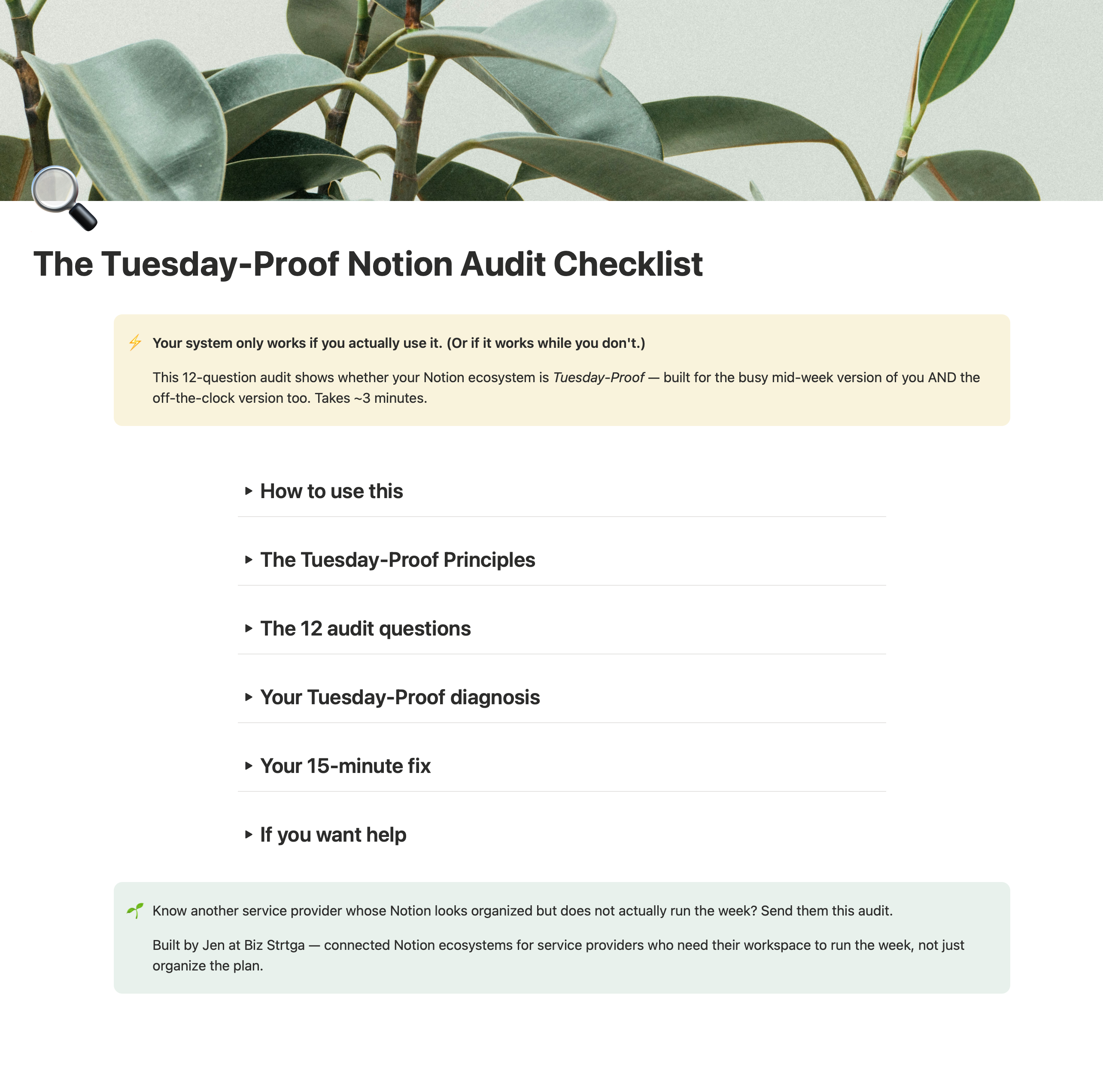 A digital product preview of a 'Tuesday-Proof Notion Audit Checklist' template, displayed on a light gray background with a green leafy banner at the top. The checklist features sections with headings, bullet points, and a light green info box with a magnifying glass icon.